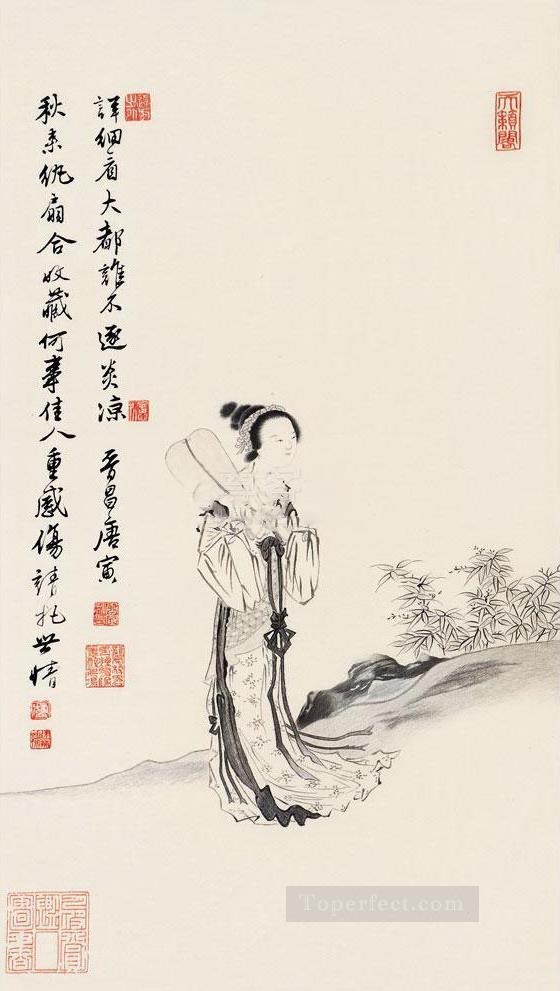 Tang yin maiden triptich old Chinese Oil Paintings